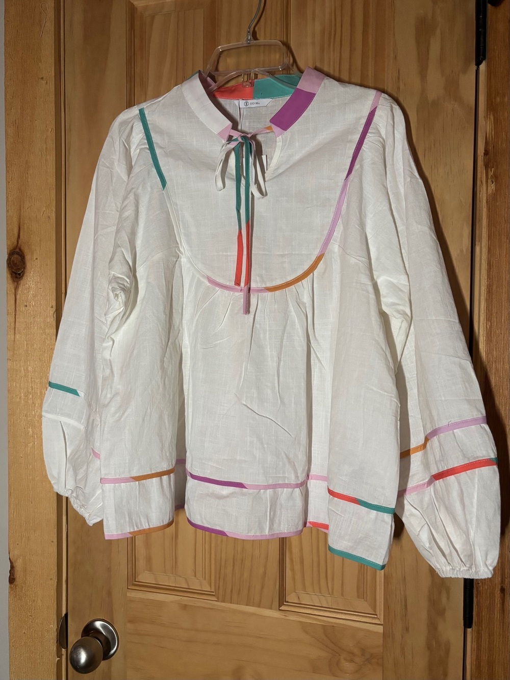 🆕 Cicy Bell Work Well 100% Cotton Peasant Top Blouson Sleeve Rainbow-Trim S
